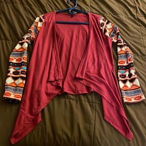 Maroon cardigan with a Pendleton type design on the arms